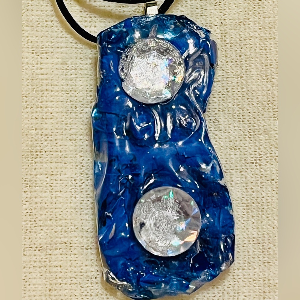 Rare Reversible Unique One of a kind Blue Rhinestone Charm Necklace, Handmade